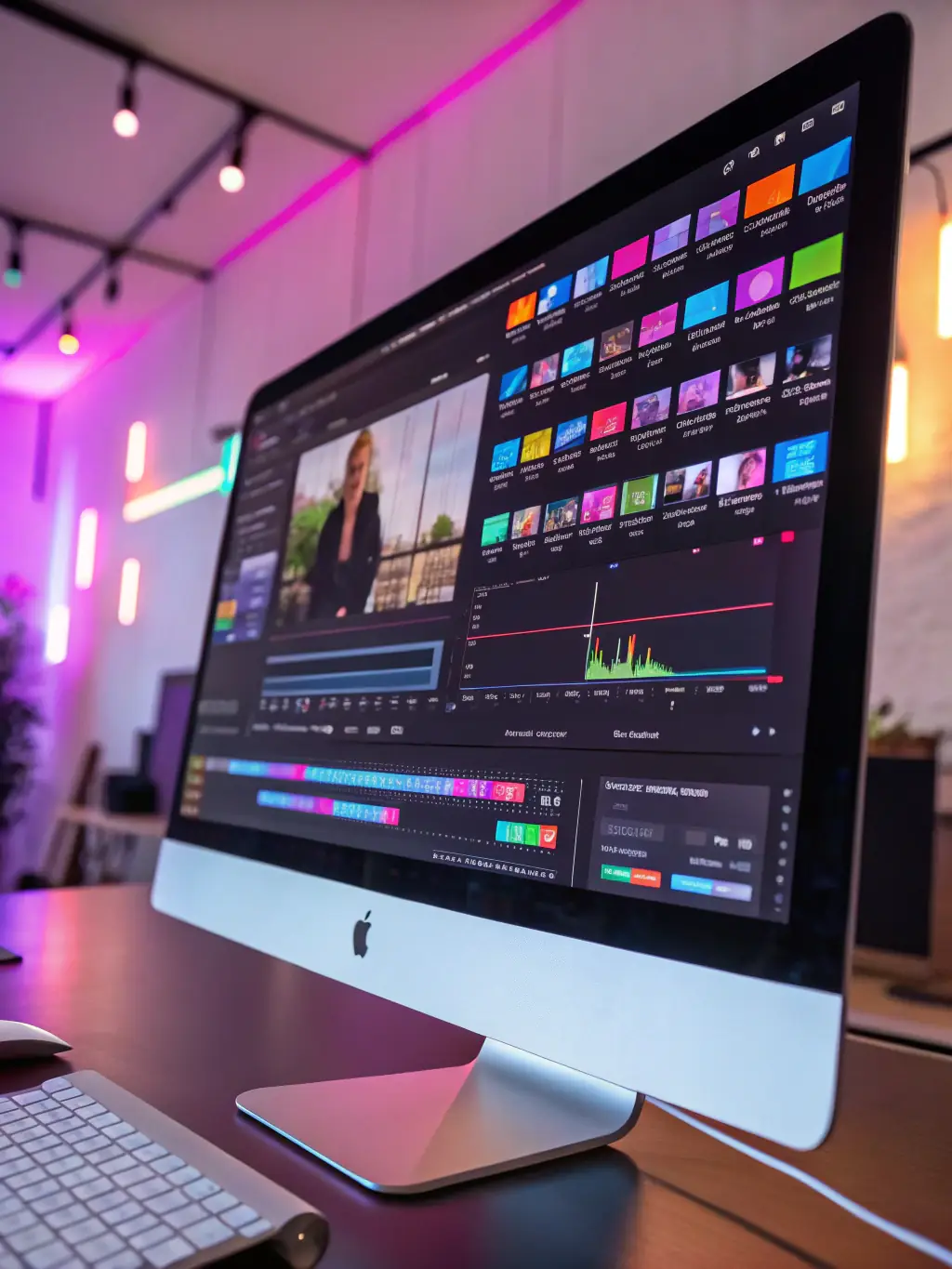 A sleek video editing interface of VibeVideo, highlighting features like automatic scene detection, AI-powered transitions, and text-to-speech capabilities.